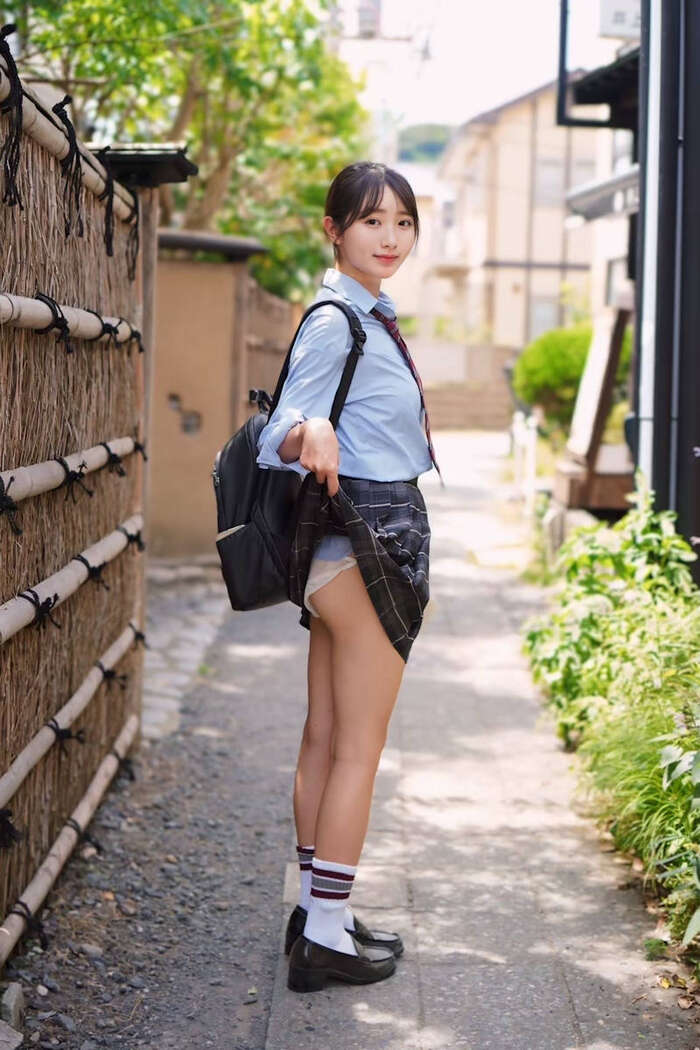 Erotic images of a high school girl carrying a bag flashing her panties 12th image